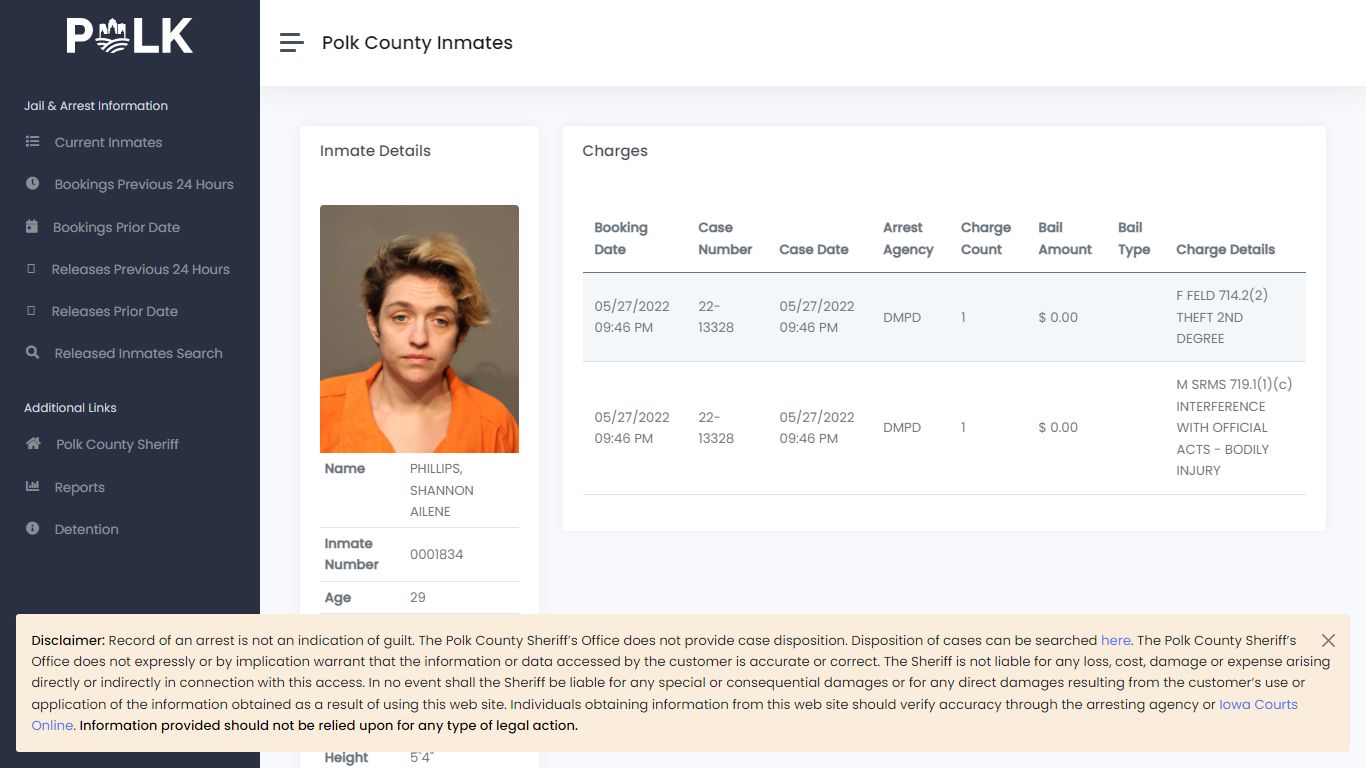 Inmate Details - Polk Inmates - Polk County Iowa